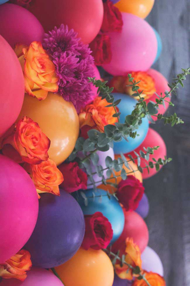 Close up of a coloured balloon backdrop for photo booth